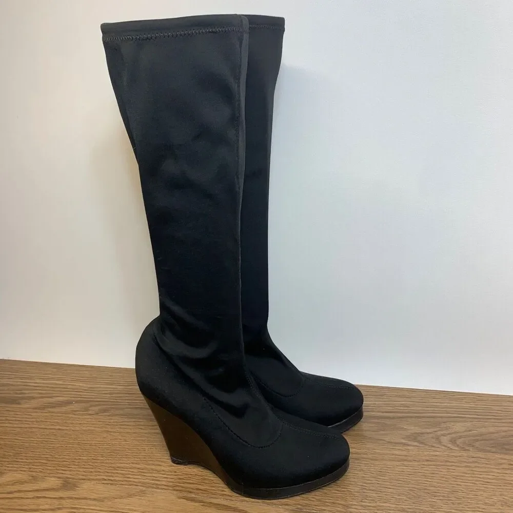 Colin Stuart Womens Sz 7.5 Platform Wedge Heel with Stretch Calf High Boot Black